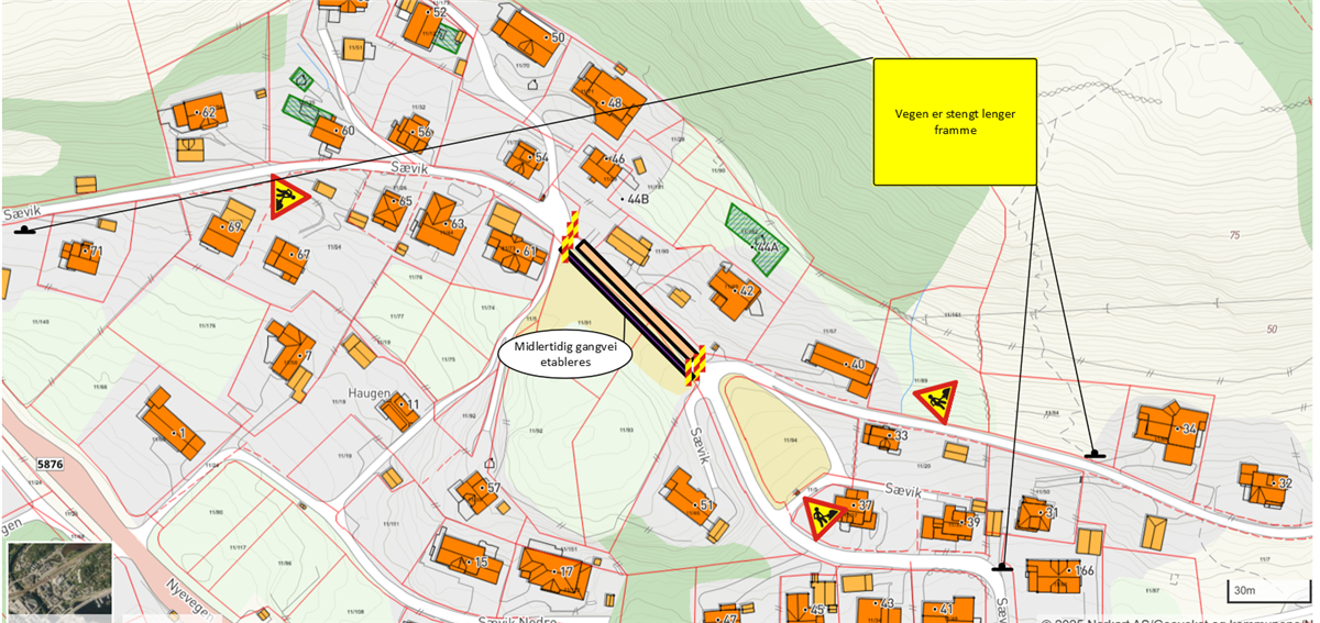 Kartutsnitt for stengt veg. - Klikk for stort bilete